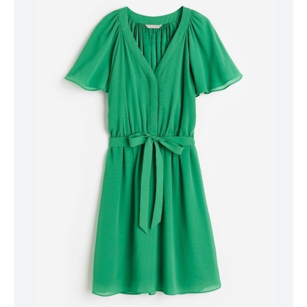 H&M Midi Dress XS Kelly Green V Neck Flowy Chiffon Tie Waist Coquette Preppy